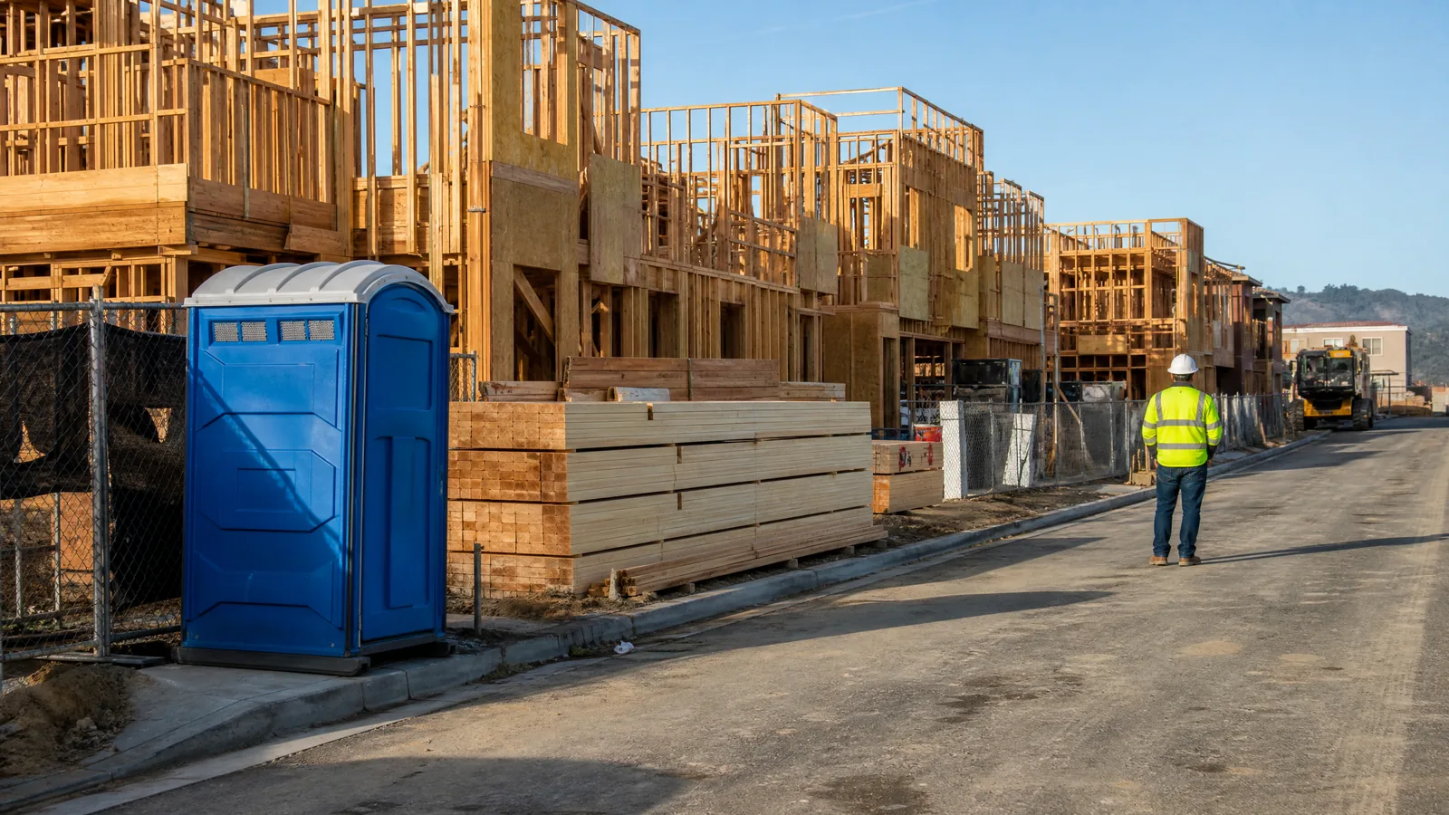 Portable restroom positioned near a residential framing project.